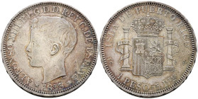 ALFONSO XIII (1885-1931). 1 Peso. (Ar. 24,95g/38mm). 1895. Puerto Rico PGV. (Cal-2019-128). MBC+.  Preciosa pátina.