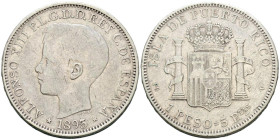 ALFONSO XIII (1885-1931). 1 Peso. (Ar. 24,62g/37mm). 1895. Puerto Rico PGV. (Cal-2019-128). MBC-. Escasa.