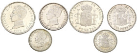 ALFONSO XIII (1885-1931). Precioso conjunto de 3 valores en plata de 50 Céntimos (1904), 1 Peseta (1903) y 2 Pesetas (1905). Extraordinario nivel de c...