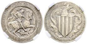 ALFONSO XIII (1885-1931). 1 Peseta. (Ar. 5,00g /23mm)*. 1900. Unión Catalanista. Talleres Vallmitjana. (Cal-2019-134). Encapsulada por NN Coins AU 58....