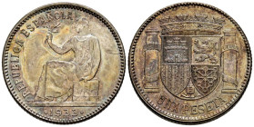 II REPÚBLICA (1931-1939). 1 Peseta. (Ar. 5,00g/23mm). 1933 *3-4. Madrid. (Cal-2019-34). Reverso girado. EBC. Preciosa pátina
