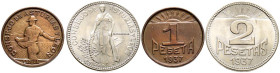CONSEJO DE ASTURIAS Y LEÓN. Pareja de 1 y 2 Pesetas. 1937. (Cal-2019-9/10). Alto nivel de conservación de ambas piezas. Bonitas pátinas. A EXAMINAR....
