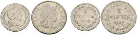 EUZKADI. Pareja de 1 y 2 Pesetas del Gobierno de Euzkadi acuñadas en 1937. (Cal-2019-14/15). Buen nivel de conservación general. A EXAMINAR.
