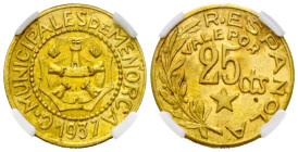 GUERRA CIVIL (1936-1939). Menorca. 25 Céntimos. 1937. (Cal-2019-22). Encapsulado por NN Coins. MS 62.
