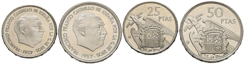 ESTADO ESPAÑOL (1936-1975). Pareja de 25 y 50 Pesetas. 1957 *75. Madrid. PROOF.