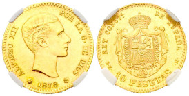 ESTADO ESPAÑOL. 10 Pesetas. (Au 3.23g /20mm)*. 1878 * 19-62. Madrid DEM. (Cal-2019-168). Reacuñación oficial. Encapsulada por NCV. MS 62. *Peso y medi...