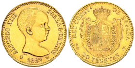 ESTADO ESPAÑOL (1936-1975). 20 pesetas. (Au. 6,47g/ 21mm). 1887 *19-62. Madrid PGV. (Cal-2019-171). EBC. Abrillantada.