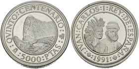 JUAN CARLOS I (1975-2014). 5000 Pesetas. (Ar. 53,67g/40mm). Serie Quinto Centenario. Serie III. 1991. FNMT. Pizarro y Atahualpa EBC+