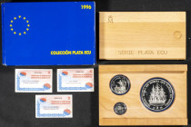 JUAN CARLOS I (1975-2014). Colección Plata Ecu. Valores de 1 (Timón), 5 (Coca de Mataró) y 25 (Villa de Madrid) ECU. 1996. FNMT. FDC. Incluye estuche ...