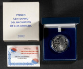 JUAN CARLOS I (1975-2014). 10 Euros (Ar. 27,00g/40mm). Primer Centenario del Nacimiento de Luis Cernuda. 2002. FNMT. PROOF. Incluye estuche original y...