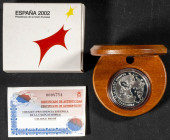 JUAN CARLOS I (1975-2014). 10 Euros (Ar. 27,00g/40mm). Presidencia española de la Unión Europea. 2002. FNMT. PROOF. Incluye estuche original y certifi...