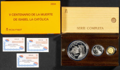 JUAN CARLOS I (1975-2014). V Centenario de la muerte de Isabel la Católica. Serie Completa. 3 valores: 200 Euros en oro (1), 50 Euros (1) y 10 Euros (...