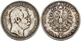 ALEMANIA. 5 Mark (Ar. 27,38g/38mm). 1875. Ludwig III. Hessen. (Km#353). BC+.