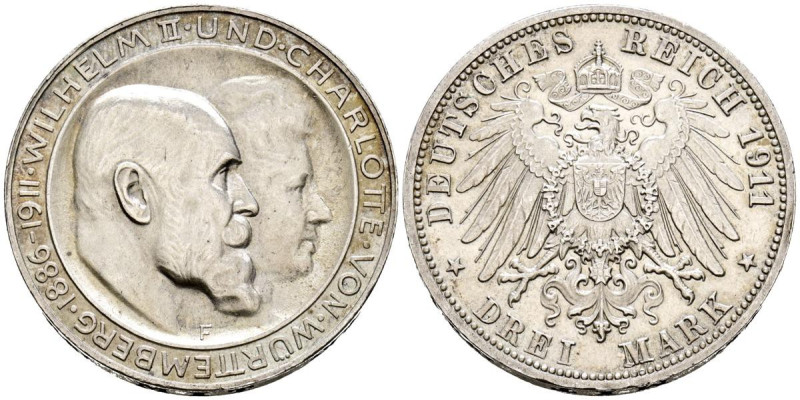 ALEMANIA. 3 Mark (Ar. 16,63g/33mm). 1911. Stuttgart F. Imperio Alemán. 25 Aniver...