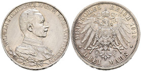 ALEMANIA. 3 Mark (Ar. 16,67g/33mm). 1913. Guillermo II. Berlín A. Prusia. 25 Aniversario del Reinado. (Km#535). EBC-. Rayitas de limpieza. Precioso re...