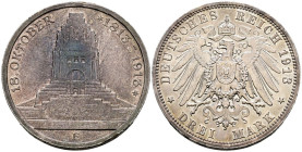 ALEMANIA. 3 Mark (Ar. 16,63g/33mm). 1913. Friedrich August III (último Rey de Sajonia). Muldenhutten E. Centenario de la Batalla de Leipzig. (Km#1275)...