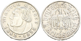 ALEMANIA. 2 Reichsmark (Ar. 8,03g/25mm). 1933. Sttutgart. Aniversario del nacimiento de Martín Lutero. (Km#79). EBC-.