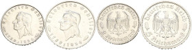 ALEMANIA. Pareja de 2 y 5 Reichsmark en plata acuñados en 1934. II Reich. Stuttgart. 175 aniversario del nacimiento de Friedrich von Schiller. Diferen...