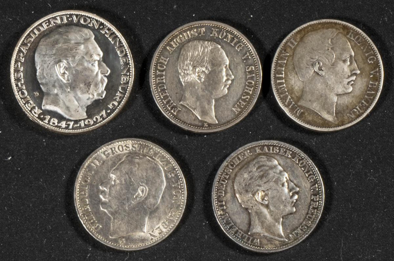 ALEMANIA. Conjunto de 5 piezas en plata, 4 monedas de 3 Mark de diferentes fecha...