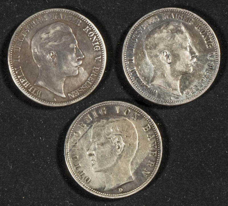 ALEMANIA. Conjunto de 3 monedas de 5 Mark acuñados en 1898 (1) y 1903 (2) en las...