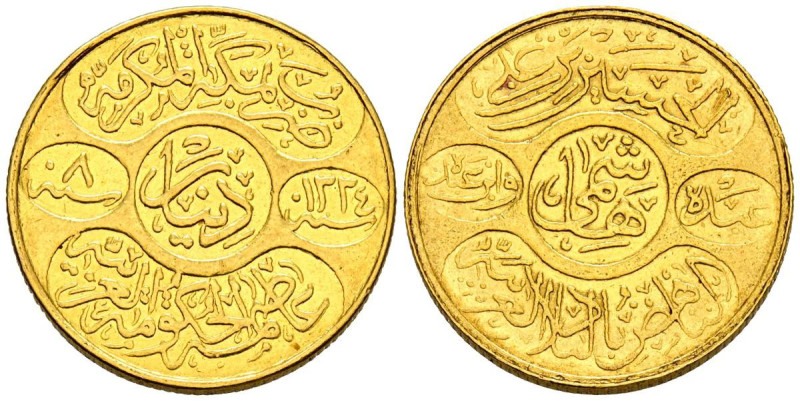 ARABIA SAUDITA. Dinar. (Au. 7,19g/22mm). 1334H (1924). Makka (Mecca). Km#31; Fri...