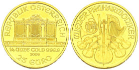 AUSTRIA. 25 Euro (Au. 7,80g/22mm). 2009. Filarmónica de Viena. (Km#3093). Oro de 0,999 milésimas. EBC+. Golpecito en el canto.