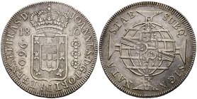 BRASIL. 960 Reis. (Ar.26,72g/42mm). 1810. Río de Janeiro. Joao como Príncipe Regente (1799-1816). Acuñada sobre 8 Reales españoles dejando ver parte d...