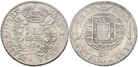 BRASIL. 960 Reis. (Ar.27,27g/39mm). 1821. Río de Janeiro R. Joao VI (1816-1826). Acuñada sobre 1 Peso chileno de 1817, tanto la palabra SANTIAGO" como...