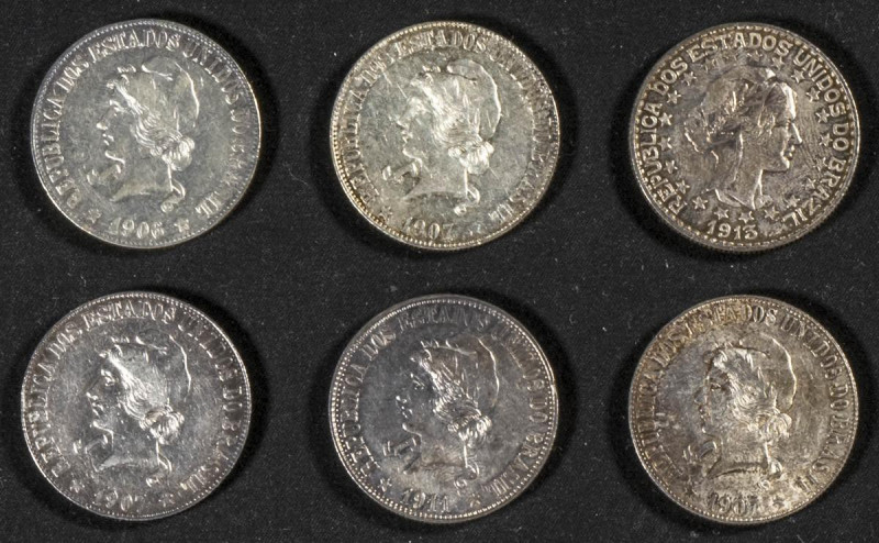 BRASIL. Conjunto de 6 monedas de 2000 Reis en plata acuñadas entre 1906 y 1913. ...