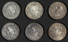BRASIL. Conjunto de 6 monedas de 2000 Reis en plata acuñadas entre 1906 y 1913. Diferentes estados de conservación. A EXAMINAR.