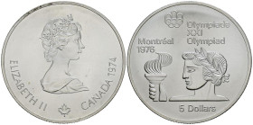 CANADÁ. 5 Dollars. (Ar. 24,25g/38mm). 1974. Juegos Olímpicos de Montreal´76. Atleta con antorcha. (Km#90). SC.