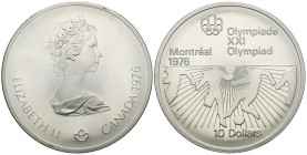 CANADÁ. 10 Dollars. (Ar. 49,24g/45mm). 1976. Juegos Olímpicos de Montreal´76. Fútbol. (Km#111). SC.