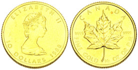 CANADÁ. 10 Dollars (Au. 7,80g/20mm). 1988. Isabel II. (Km#189). Oro de 0,999 milésimas. EBC. Rayitas.