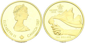 CANADA. 100 Dollars (Au. 13,35g/27mm). 1987. Isabel II. Juegos de Invierno de Cagliari 88. (Km#158). Oro de 0,583 milésimas. PROOF.