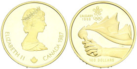CANADA. 100 Dollars (Au. 13,39g/27mm). 1987. Isabel II. Juegos de Invierno de Cagliari 88. (Km#158). Oro de 0,583 milésimas. PROOF.
