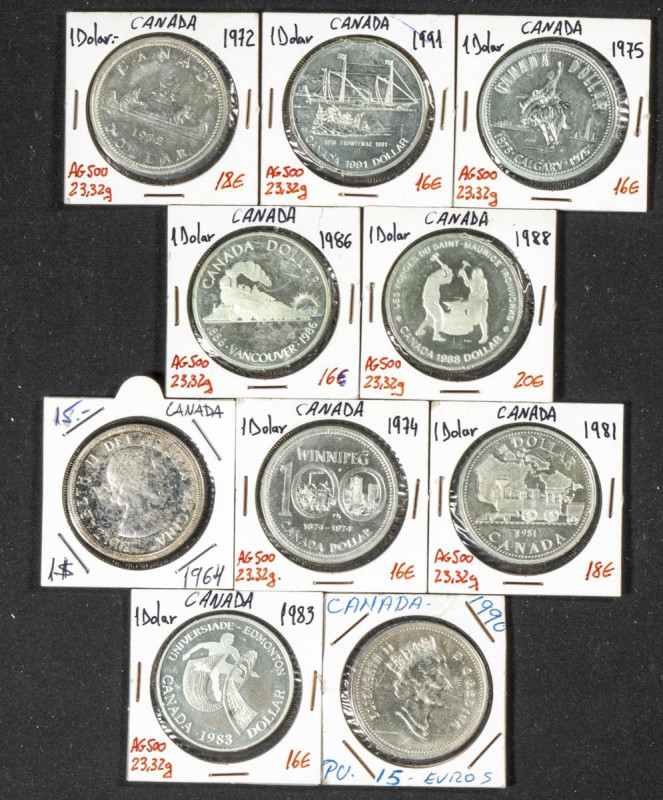 CANADÁ. Precioso conjunto formado por 10 monedas de plata de 1 Dollar conmemorat...