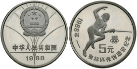 CHINA. 5 Yuan. (Ar. 30,02g/39mm). 1988. Juegos Olímpicos de Seúl´88. Esgrima. (Km#204). PROOF. Tirada de 20 mil unidades.