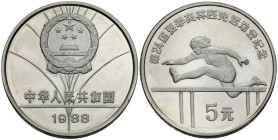 CHINA. 5 Yuan. (Ar. 30,09g/39mm). 1988. Juegos Olímpicos de Seúl´88. Salto de vallas. (Km#202). PROOF. Tirada de 20 mil unidades.