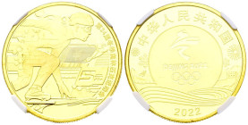 CHINA. 5 Yuan. (Bronce dorado. 13,00g/30mm). 2022. Juegos Olímpicos de Invierno, Speed Skiing". Encapsulado por NGC MS-69PL. "