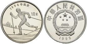 CHINA. 10 Yuan. (Ar. 26,94g/39mm). 1992. Juegos Olímpicos de Invierno de Lillehammer´94. Esquí de fondo. (Km#439). PROOF.