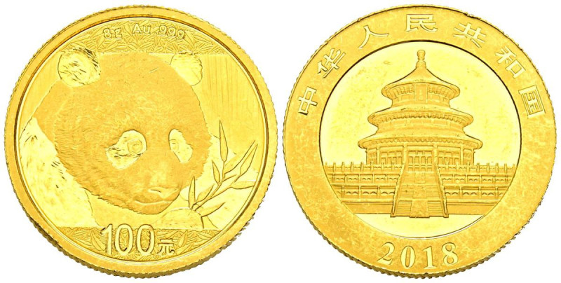 CHINA. 100 Yuan (Au. 8,01g/22mm). 2018. Serie Panda. (Km#224). Oro de 0,999 milé...