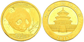 CHINA. 100 Yuan (Au. 8,01g/22mm). 2018. Serie Panda. (Km#224). Oro de 0,999 milésimas. PROOF.