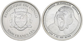 CONGO. 5000 Francs (Ar. 31,16g/39mm). 2015. Serie Gorila de espalda plateada. Primera de la serie. SC. Escasa.