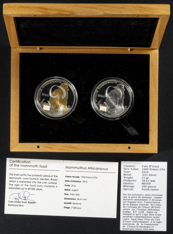 COSTA DE MARFIL. Estuche compuesto por 2 monedas de 1000 Francos en plata, ambas...