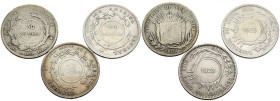 COSTA RICA. Interesante conjunto de 3 monedas de 50 Centimos acuñadas en 1889, 1890 y 1892. Las 3 piezas con contramarca de fecha 1923. Diferentes est...