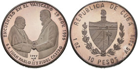 CUBA. 10 Pesos. (Ar. 31,05g/38mm). 1997. Encuentro en el Vaticano S.S. Juan Pablo II Y Fidel Castro. (Km#613). PROOF.