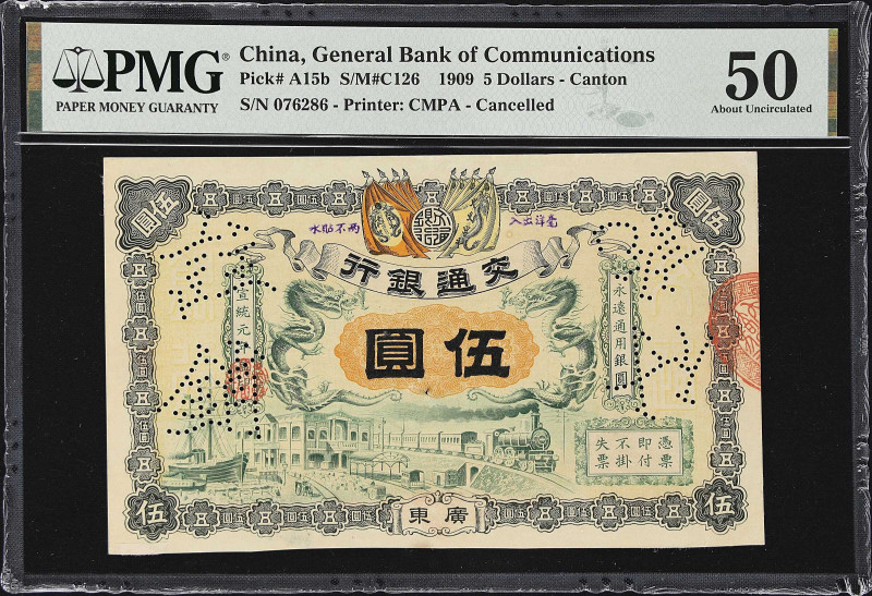 CHINA--EMPIRE. General Bank of Communications. 5 Dollars, 1909. P-A15b. Perforat...