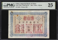 (t) CHINA--EMPIRE. Imperial Bank of China. 5 Mace, 1898. P-A39a. S/M#C293-1b. PMG Very Fine 25.
Peking, serial number 5619. Red, blue and orange, dra...