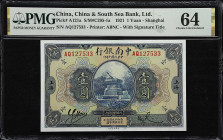(t) CHINA--REPUBLIC. China and South Sea Bank, Ltd. 1 Yuan, 1921. P-A121a. S/M#C295-1a. PMG Choice Uncirculated 64.
Shanghai, serial number AQ127533....