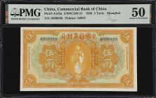 CHINA--REPUBLIC. Commercial Bank of China. 5 Taels, 1920. P-A135a. S/M#C293-31. PMG About Uncirculated 50.
Shanghai, serial number A006888. Orange on...